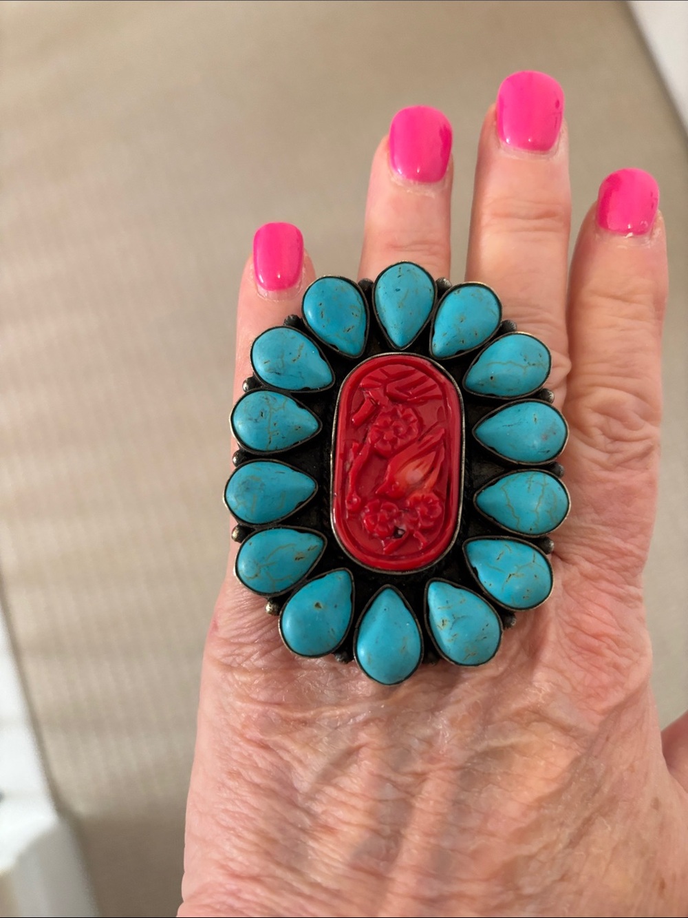 Made In The Deep South - 1970’s Carved Coral Turquoise Ring